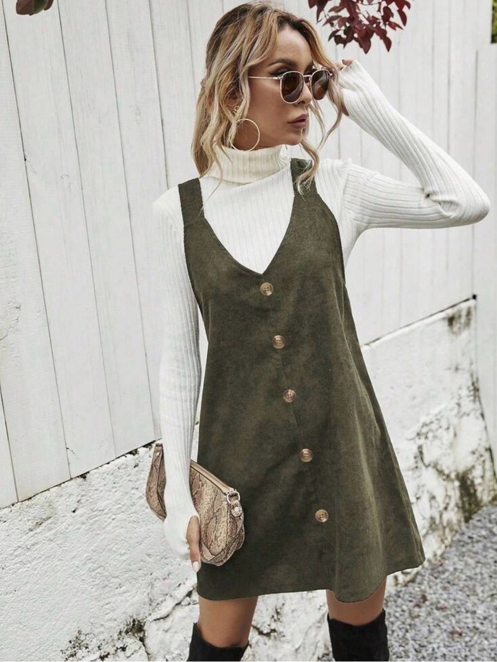 Olive Green Button-Front Suede Pinafore Dress